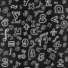 Blackboard inscribed by white chalk with mathematic symbols actions such as subtraction addition division multiplication and numerals Seamless pattern