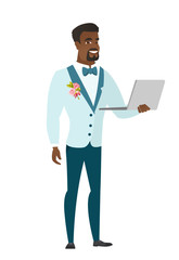 Groom using laptop vector illustration.
