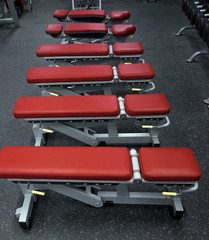 Row of red bench for exercising in gym.