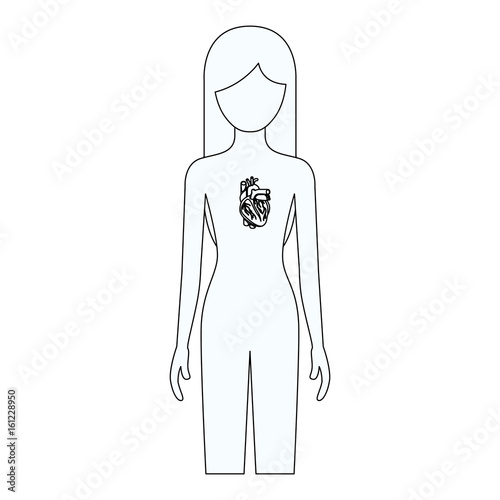 sketch silhouette of female person with heart system human body
