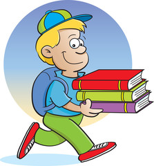 Cartoon illustration of a boy carrying books with a background.