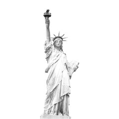 Statue of Liberty, New York, USA. Black halftone illustration of dots in diagonal arrangement on white background.