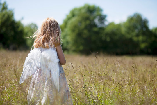 Girl wearing angel wings in field