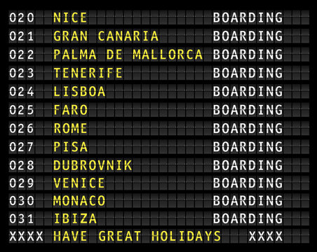 airport flight information display, european holiday travel destinations. vector