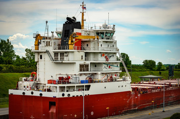 Rear quarter view of freight ship