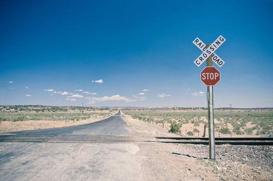 Railroad crossing in New Mexico, USA