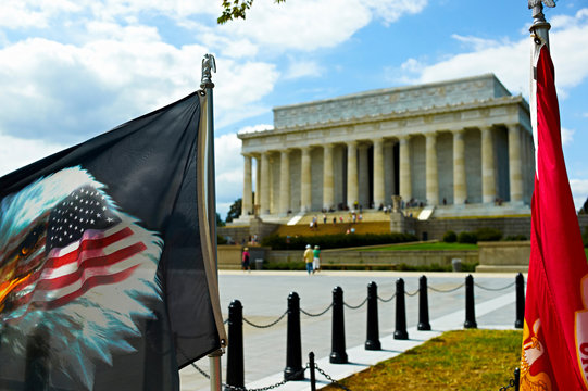 Eagle flag and Lincoln Memorial, Washington DC, USA