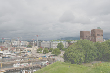View of Oslo harbor with city hall in background