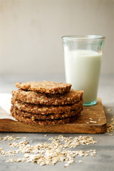Homemade oatmeal cookies from whole wheat flour and glass of milk. Healthy breakfast 
