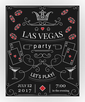 Las Vegas party invitation on chalkboard with decorative elements. Vintage vector illustration