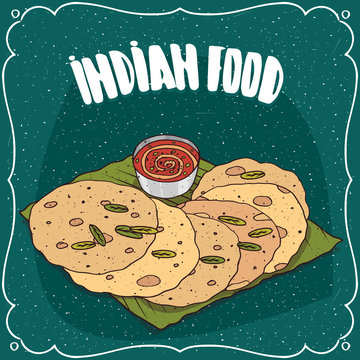 Traditional food, dish of Indian cuisine, round flatbread, known as Roti, Chapati or Paratha, lying on banana leaf plate with sauce like chutney. Hand drawn comic style