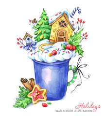A cup of cream and a gingerbread house inside. Watercolor New Year's, Chrismas illustration.