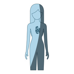 blue color shading silhouette female person with hearth system human body vector illustration