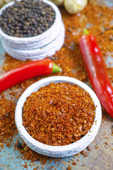 Red hot chili Cayenne and black pepper fresh and dried powdered spice, fresh ginger root,  ready to use.