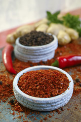 Red hot chili Cayenne and black pepper fresh and dried powdered spice, fresh ginger root,  ready to use.