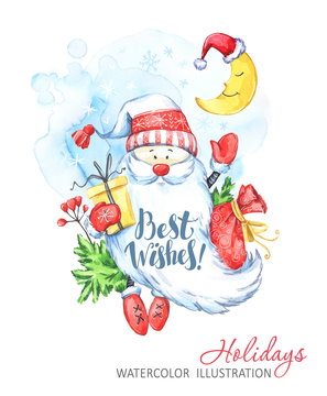 Winter holidays illustration. Watercolor Santa Claus with gifts waved his hand.