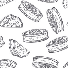 Hand drawn outline seamless pattern with cookie. Black and white food background