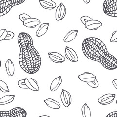 Hand drawn outline seamless pattern with peanuts. Black and white food background