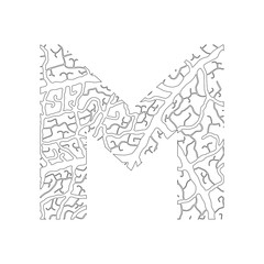 Nature alphabet, ecology decorative font. Capital letter M filled with leaf veins pattern black on white outline background. Leaves texture hand draw nature alphabet. Vector illustration.