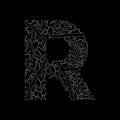 Nature alphabet, ecology decorative font. Capital letter R filled with leaf veins pattern white on black outline background. Leaves texture hand draw nature alphabet. Vector illustration.