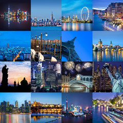 Cities of the word at night, square photo collage, travel and tourism concept
