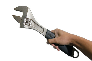Monkey wrench tool on hand  white background
