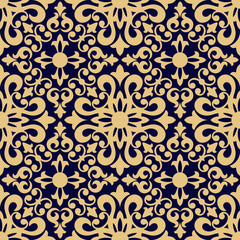 Seamless blue background with gold pattern in baroque style. Vector retro illustration. Ideal for printing on fabric or paper.