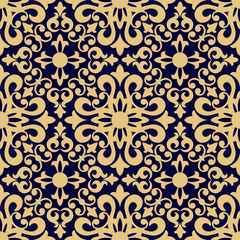 Seamless blue background with gold pattern in baroque style. Vector retro illustration. Ideal for printing on fabric or paper.