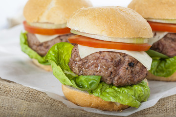 Giant homemade burger classic american cheeseburger on sack