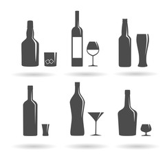Cocktail and drinking glasses and bottles. Vector illustration
