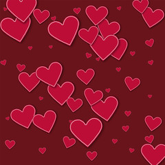 Random red paper hearts. Scattered pattern on wine red background. Vector illustration.