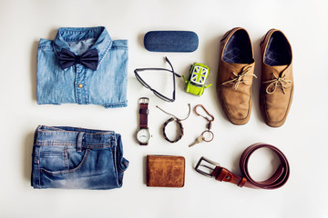 Men's casual outfits with fashionable jeans clothing on white background, flat lay fashion and...