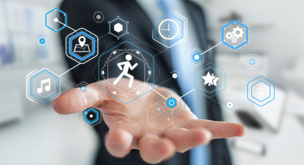 Young man using running application to check his performances 3D rendering