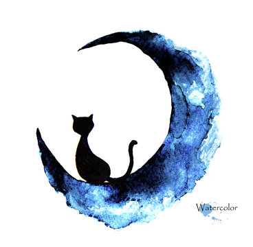 Hand drawn watercolor painting of black cat sitting on the moon