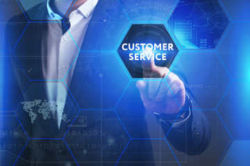 Business, Technology, Internet and network concept. Young businessman working on a virtual screen of the future and sees the inscription: Customer service