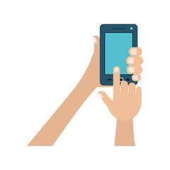 white background with colorful hands holding smartphone vector illustration