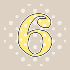 Cute dotted number six isolated on beige background. Vector illustration. Element for design. Kids alphabet.