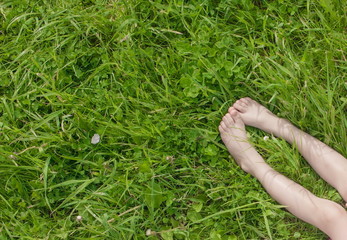 Children's legs on a green grass. Summer composition. Top view