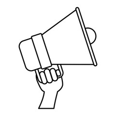 white background with monochrome silhouette of hand holding bullhorn vector illustration