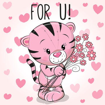 Valentine card Cute Cartoon Tiger with flowers