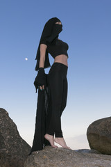 Oriental beauty in a veil on the background of the sea and the moon,symbols of the east