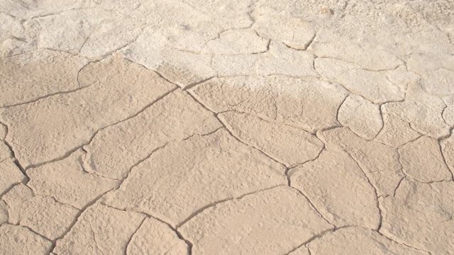 CLOSE UP: Detail of dry cracked soil in hot sunny desert. No life in arid damaged ground due to the global warming and severe climate change.