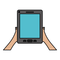 white background with colorful silhouette of hands holding tablet device with thick contour vector illustration