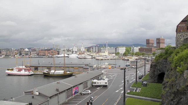View of Oslo harbor with city hall in background