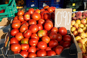 Various vegetables and fruits on the Sunday market in Spain, Mercadillo de Campo de Guardamar.