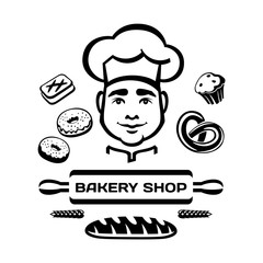 Set with portrait heads of smiling man, chef or baker, surrounded by rolling pin with text - Bakery Shop and baking - donuts, cookies, muffin, bagel. Black vector for design, isolated on background.