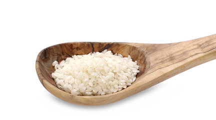 Fototapeta na wymiar White rice pile in wooden spoon, isolated on white background