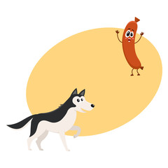 Cute black and white Husky dog and sausage characters, cartoon vector illustration with space for text. Funny husky dog and sausage character with human face and raised arms