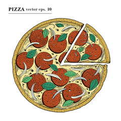 Italian Pizza pepperoni hand drawn vector illustration. Can be use for pizzeria, cafe, restaurant.