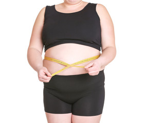 Stout adult woman with measuring tape on white background. Weight loss concept